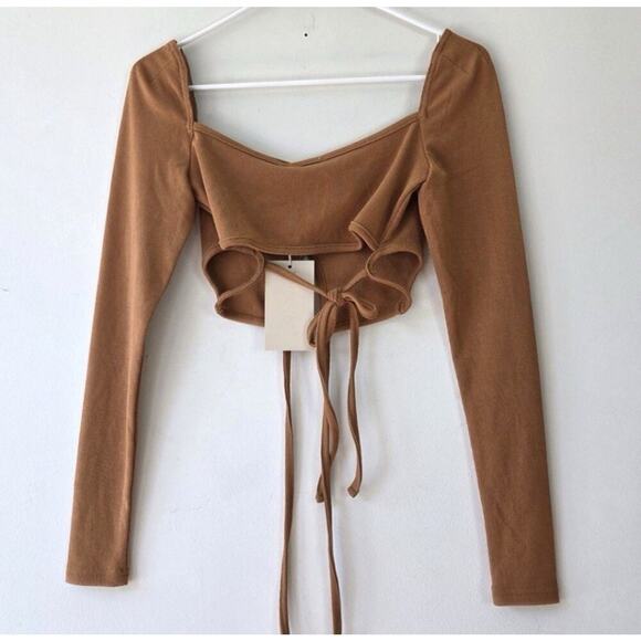 Meshki XS Janet Long Sleeve Cutout Top Ribbed Crop Tie Back Keyhole Y2K New S9 - Picture 3 of 5